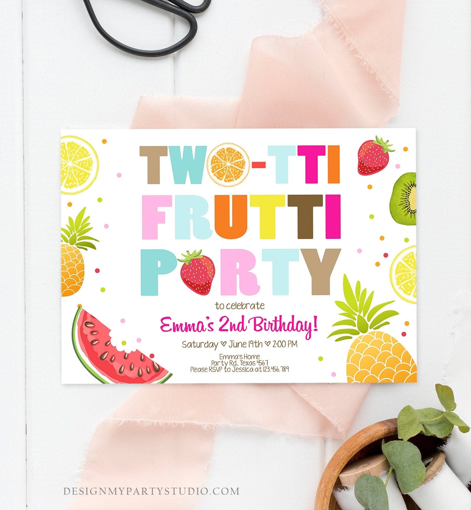 Editable Two-tti Frutti 2nd Birthday Invitation Twotti Frutti Party Fruit Tropical Summer Download Printable Template Digital Corjl 0127