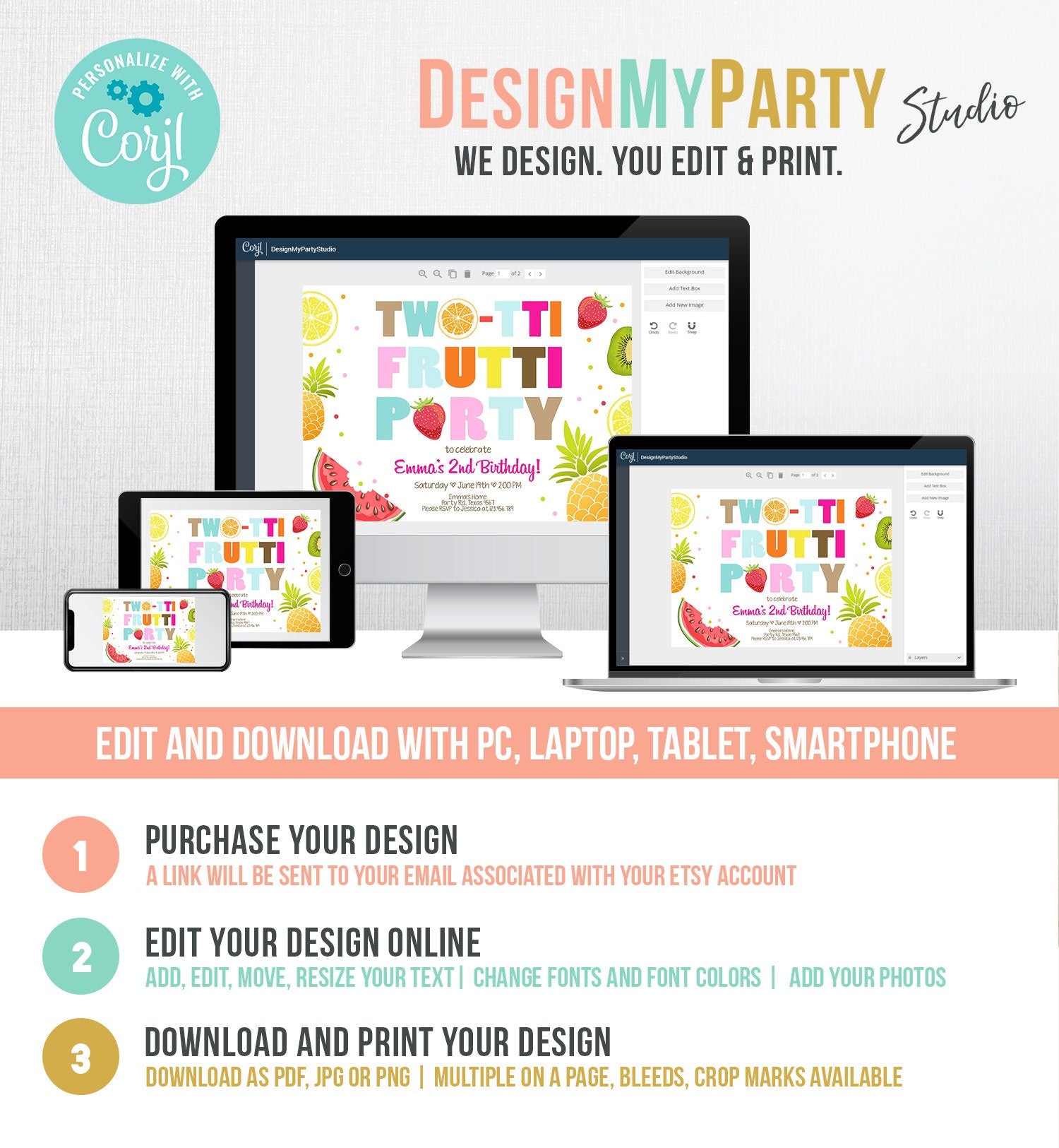 Editable Two-tti Frutti 2nd Birthday Invitation Twotti Frutti Party Fruit Tropical Summer Download Printable Template Digital Corjl 0127