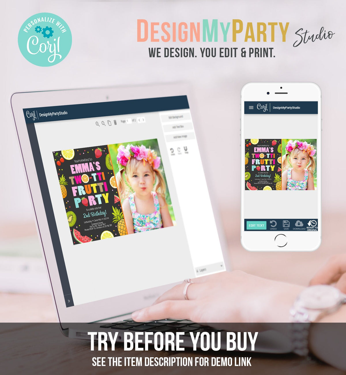 Editable Two-tti Frutti 2nd Birthday Invitation Twotti Frutti Party Fruit Tropical Summer Download Printable Template Digital Corjl 0127