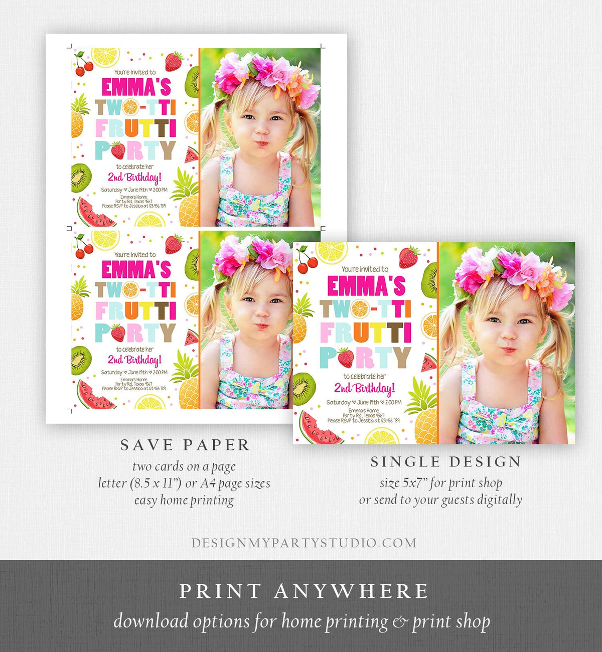 Editable Two-tti Frutti 2nd Birthday Invitation Twotti Frutti Party Fruit Tropical Summer Download Printable Template Digital Corjl 0127
