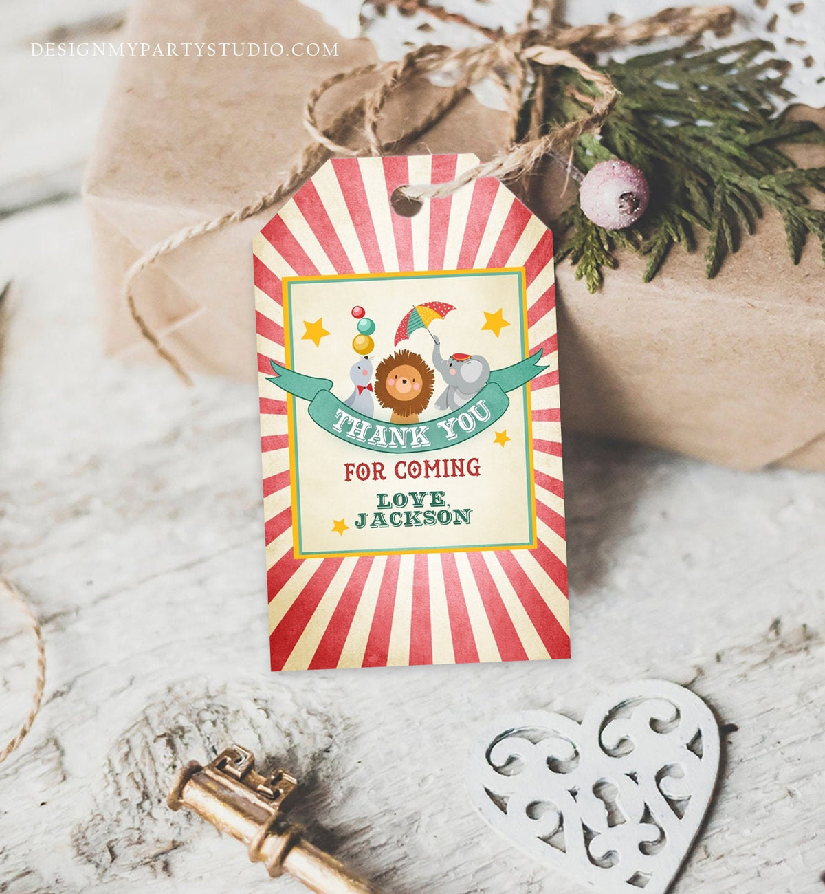 Editable Carnival Favor Tags Circus Favor Tags Vintage Carnival Birthday Circus Thank you Blue Red Boy Animals Template PRINTABLE Corjl 0013