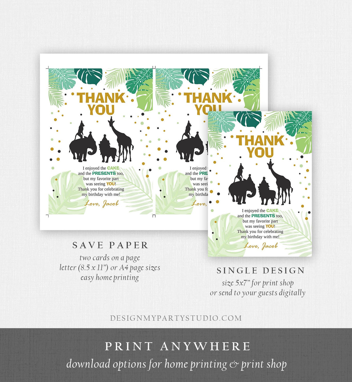 Editable Safari Animals Thank You Card Wild One Thank You Note Black Gold Boy Jungle Zoo Animals Printable Corjl Template Digital 0016