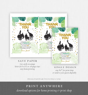 Editable Safari Animals Thank You Card Wild One Thank You Note Black Gold Boy Jungle Zoo Animals Printable Corjl Template Digital 0016