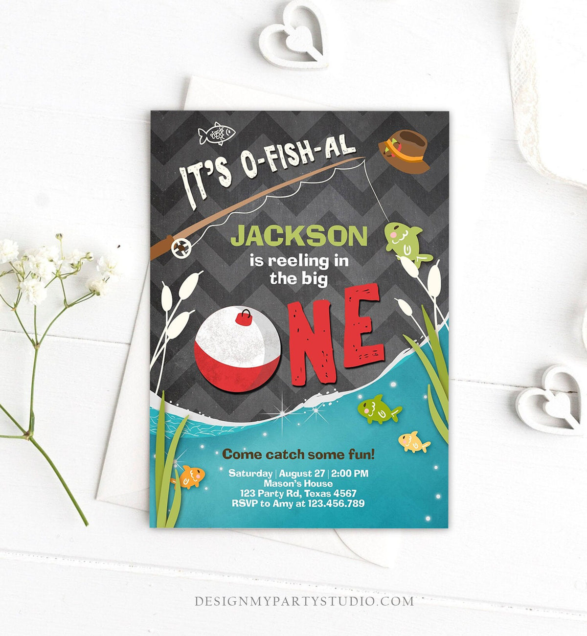 Editable First Birthday Fishing Invitation Fishing Party The Big One O-fish-al Gone Fishing Boy Download Printable Template Corjl 0080