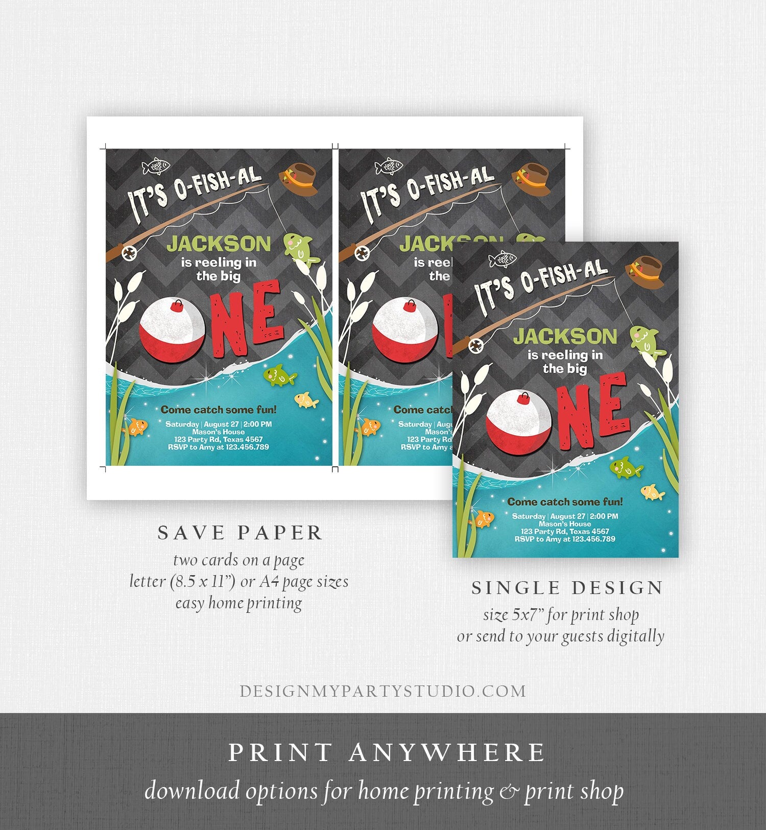 Editable First Birthday Fishing Invitation Fishing Party The Big One O-fish-al Gone Fishing Boy Download Printable Template Corjl 0080