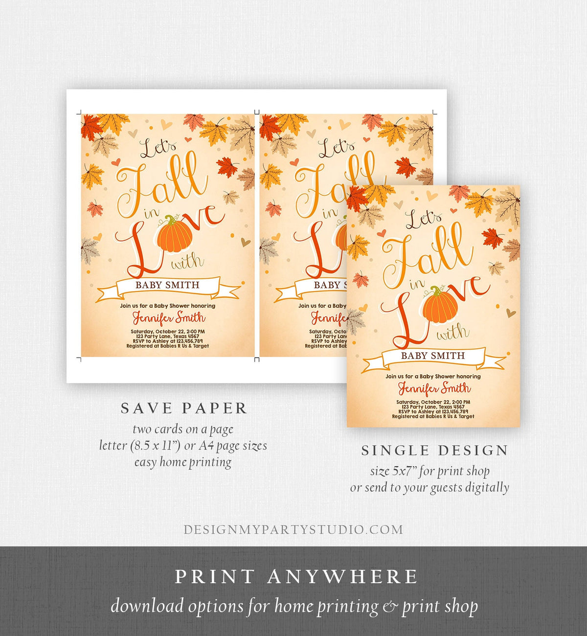 Editable Fall in Love Baby Shower Invitation Little Pumpkin Falling in Love Autumn Leaves Digital Download Printable Corjl Template 0077