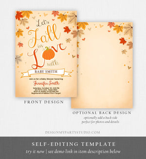 Editable Fall in Love Baby Shower Invitation Little Pumpkin Falling in Love Autumn Leaves Digital Download Printable Corjl Template 0077