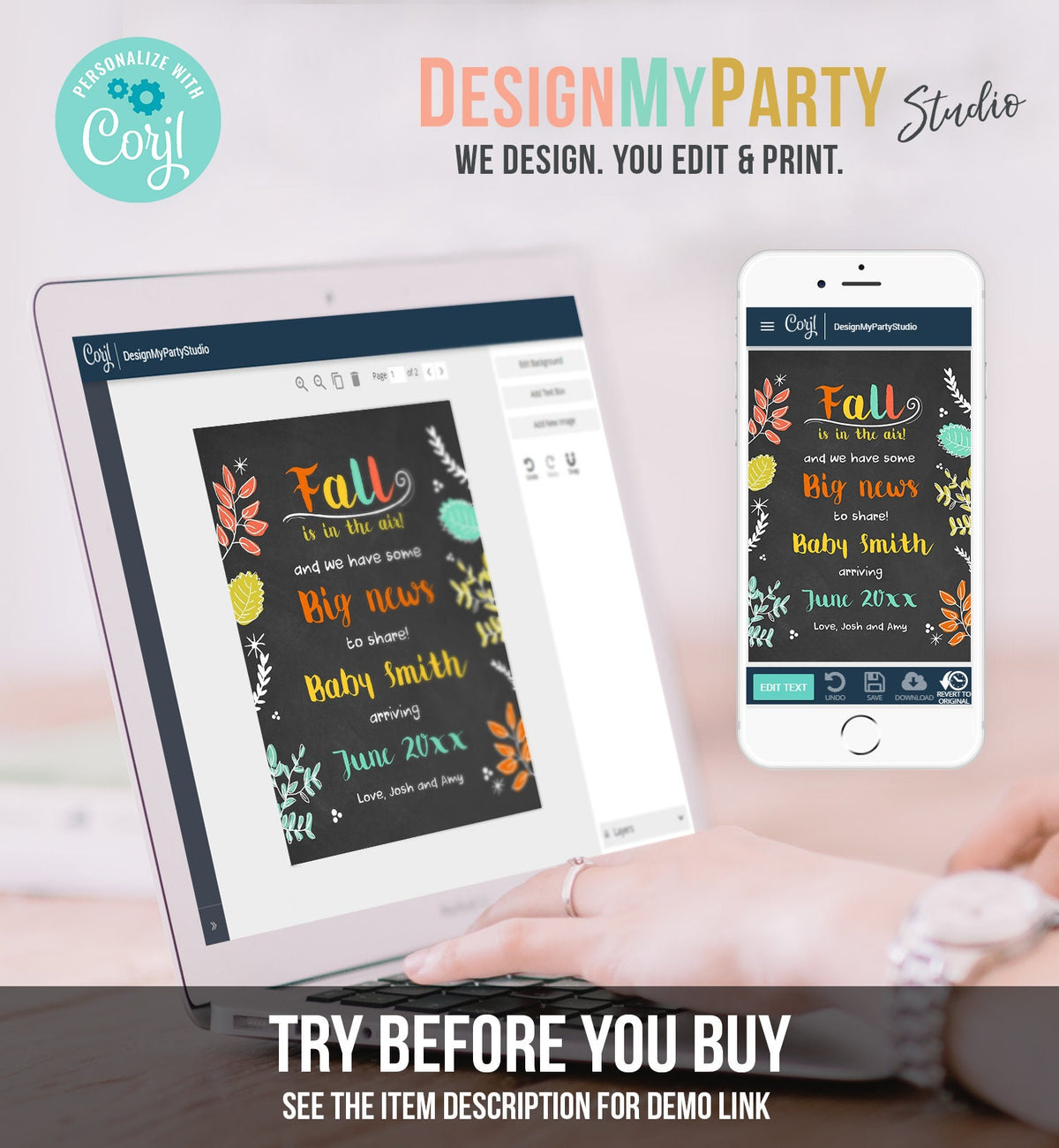 Editable Fall Pregnancy Announcement Autumn Fall is in the Air Thanksgiving We&#39;re Expecting a Baby On the Way Corjl Template Printable