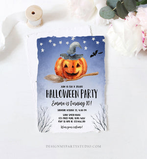 Editable Halloween Birthday Invitation Pumpkin Witch Hat Broom Costume Party Girl Blue Trick or Treat Download Corjl Template Printable 0187