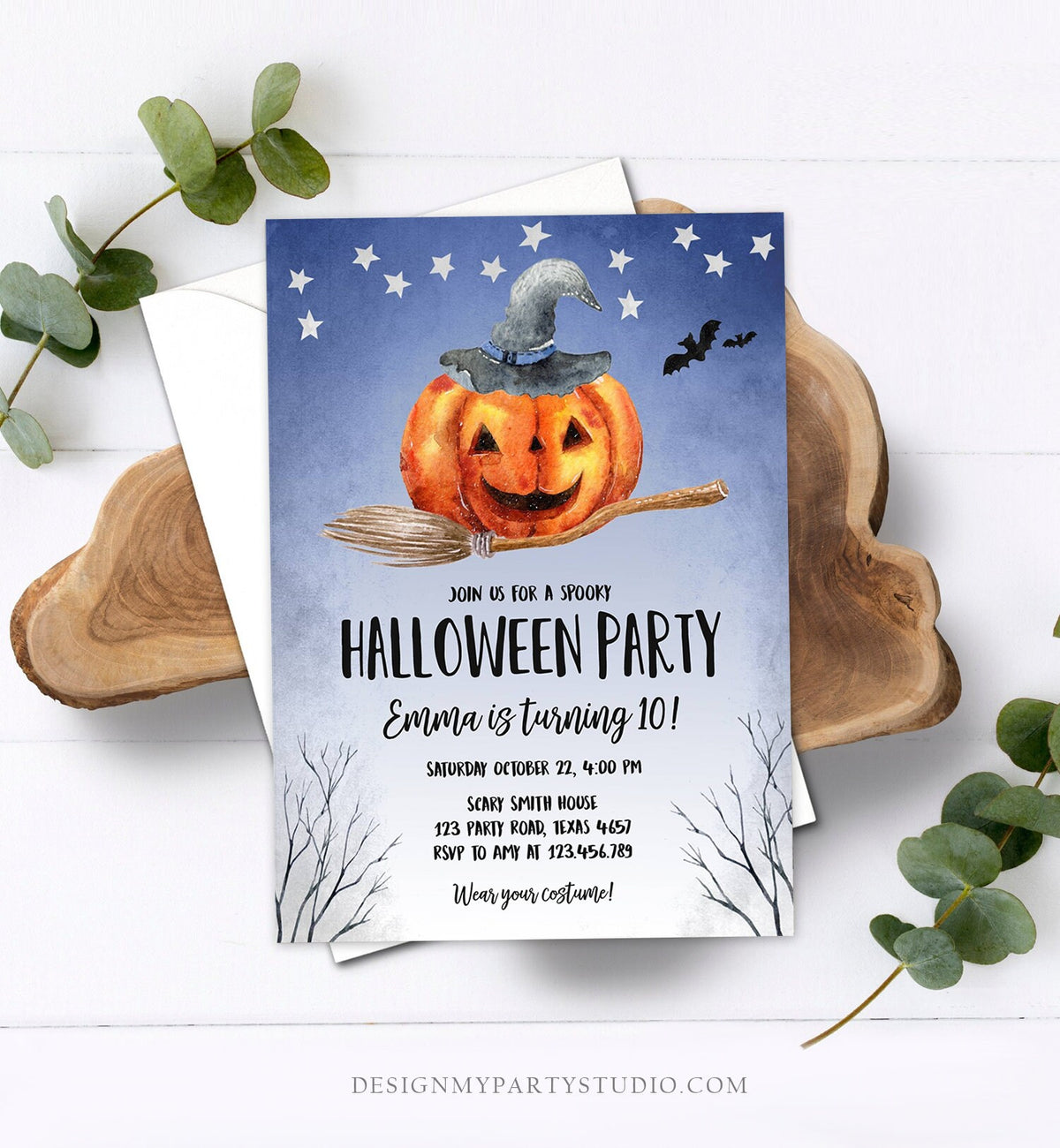 Editable Halloween Birthday Invitation Pumpkin Witch Hat Broom Costume Party Girl Blue Trick or Treat Download Corjl Template Printable 0187