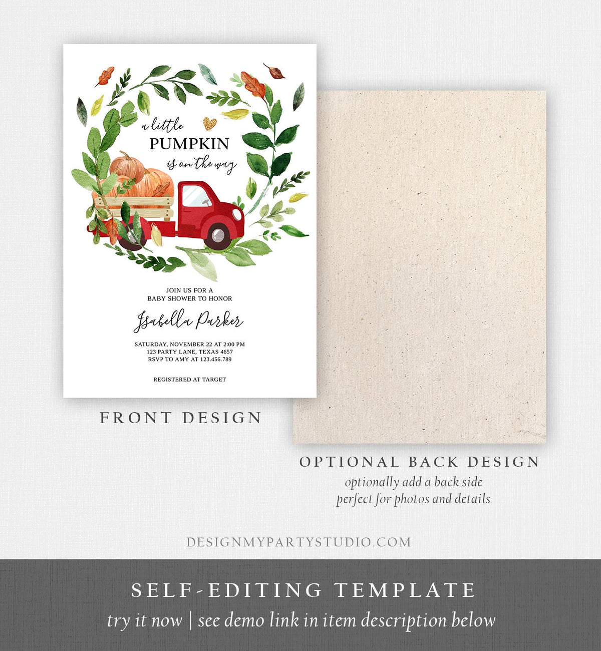 Editable Little Pumpkin Baby Shower Invitation Fall Pumpkin Truck Baby Shower Rustic Gender Neutral Download Printable Digital Corjl 0154