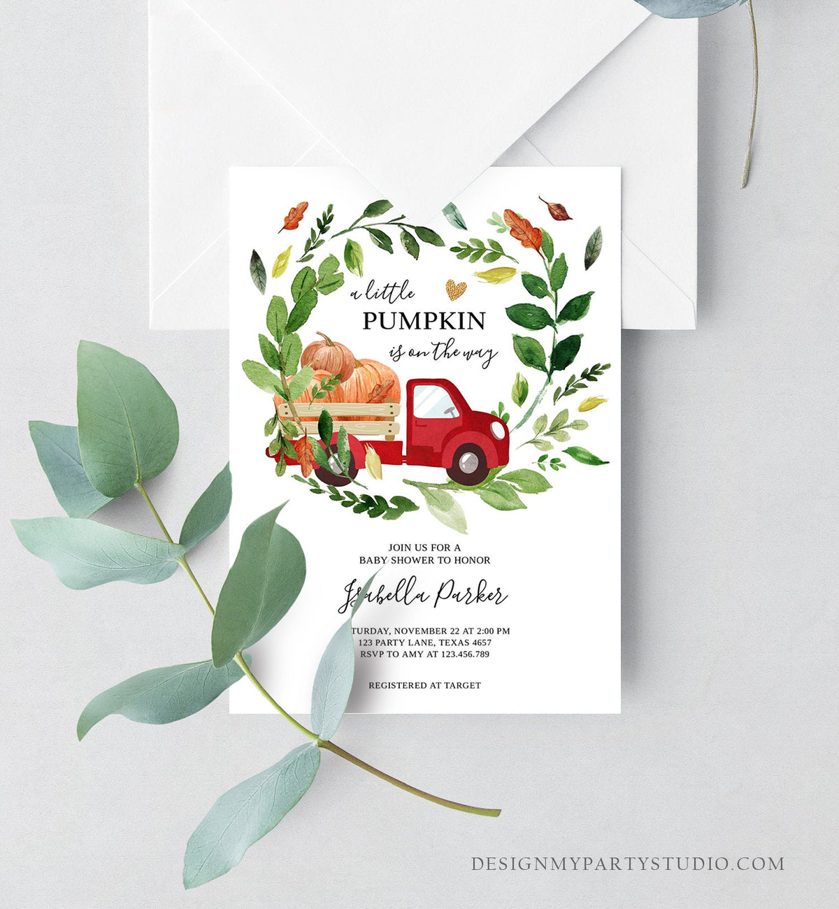 Editable Little Pumpkin Baby Shower Invitation Fall Pumpkin Truck Baby Shower Rustic Gender Neutral Download Printable Digital Corjl 0154