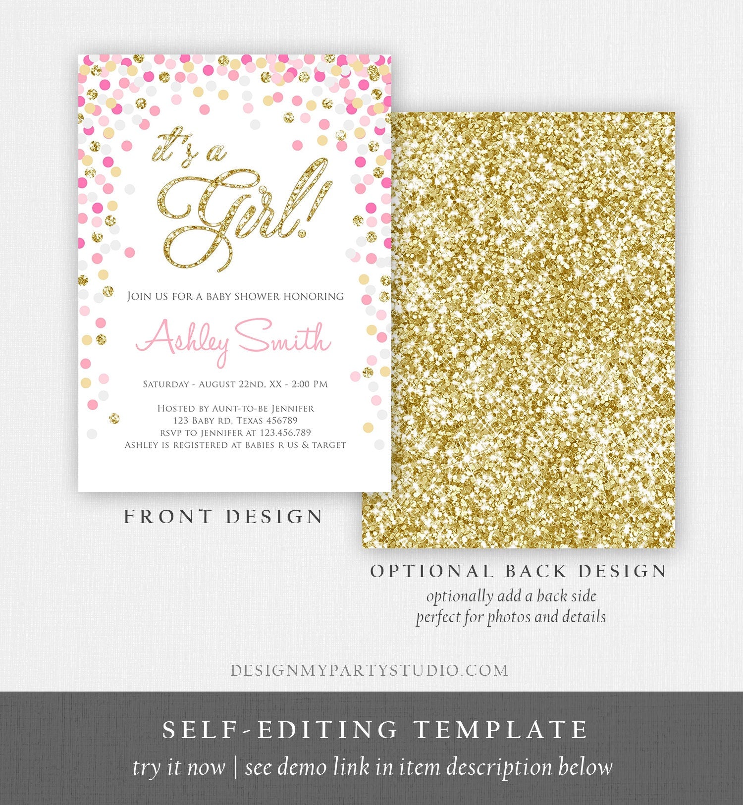 Editable Confetti Baby Shower Invitation Confetti It's a Girl Pink Gold Glitter Baby Sprinkle Download Corjl Template Printable 0133