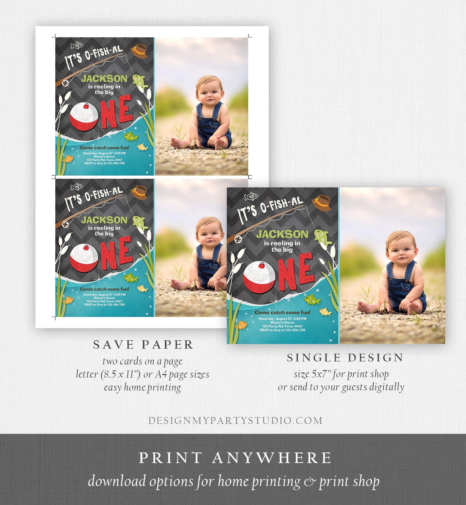 Editable First Birthday Fishing Invitation Fishing Party The Big One O-fish-al Gone Fishing Boy Download Printable Template Corjl 0080