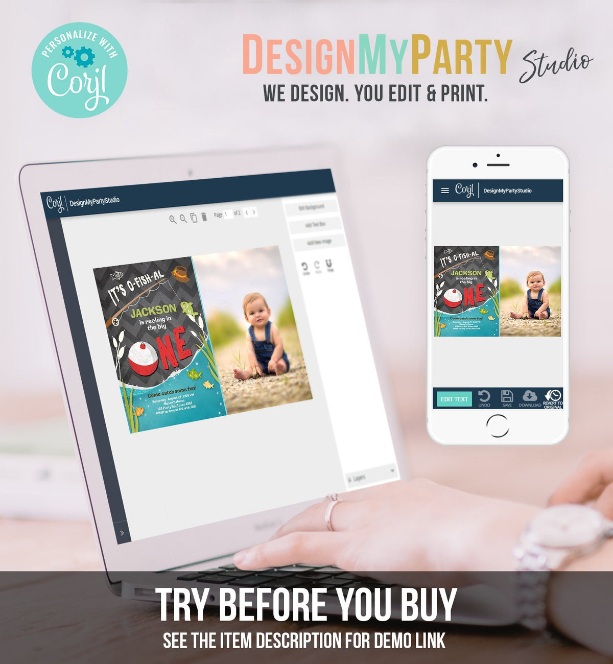 Editable First Birthday Fishing Invitation Fishing Party The Big One O-fish-al Gone Fishing Boy Download Printable Template Corjl 0080