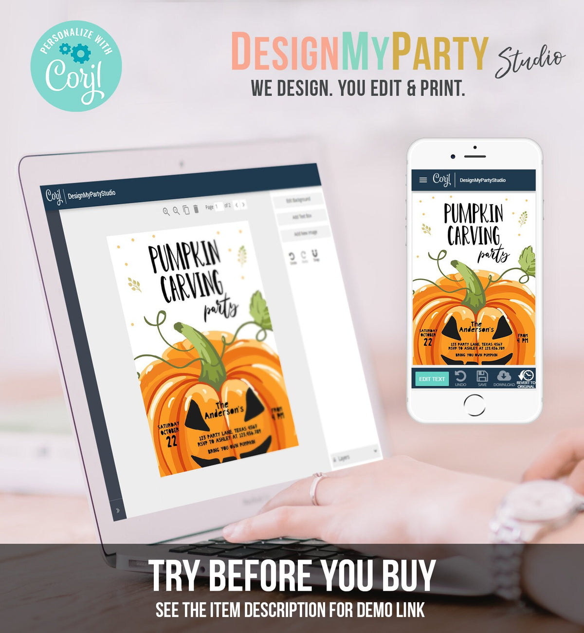 Editable Pumpkin Carving Party Invitation Fall Party Autumn Party Halloween Carving Invitation Self Editing Printable Template Corjl 0175