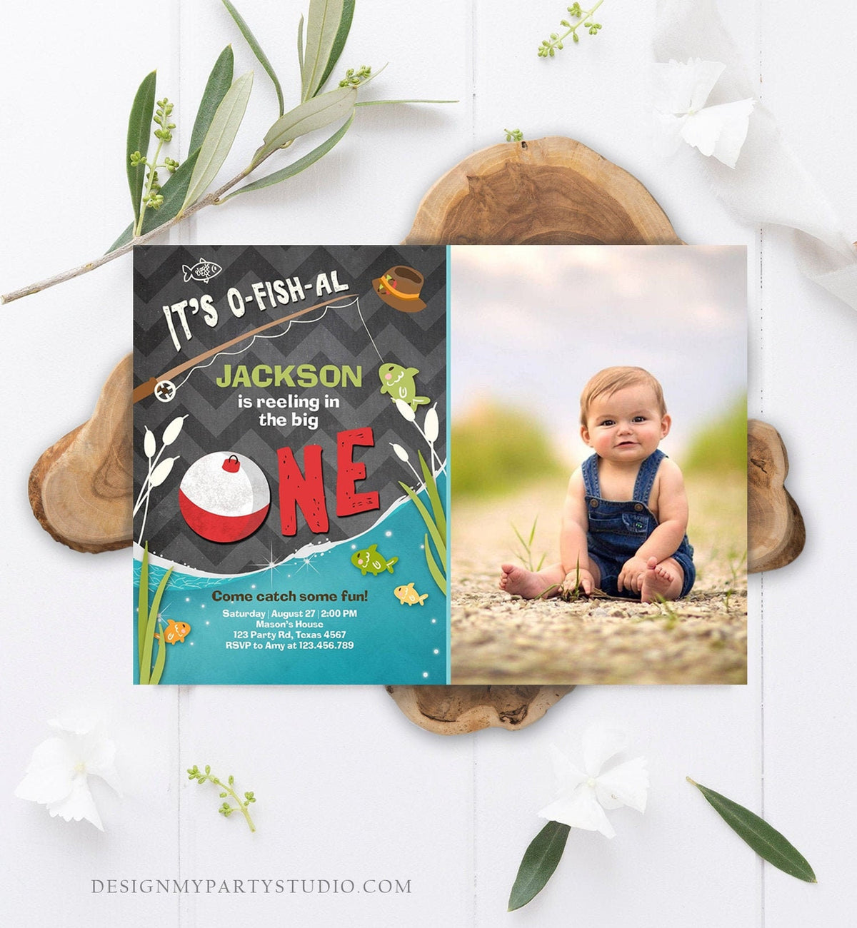 Editable First Birthday Fishing Invitation Fishing Party The Big One O-fish-al Gone Fishing Boy Download Printable Template Corjl 0080