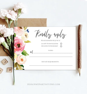 Editable Floral RSVP Card Wedding Pink Flowers Blush Watercolor Greenery Kindly Reply Bohemian Download Corjl Template Printable 0166