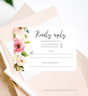Editable Floral RSVP Card Wedding Pink Flowers Blush Watercolor Greenery Kindly Reply Bohemian Download Corjl Template Printable 0166