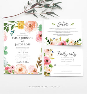 Editable Floral Wedding Invitation Suite Set Bohemian Flowers Botanical Watercolor Pink Floral Wreath Download Corjl Template Printable 0166