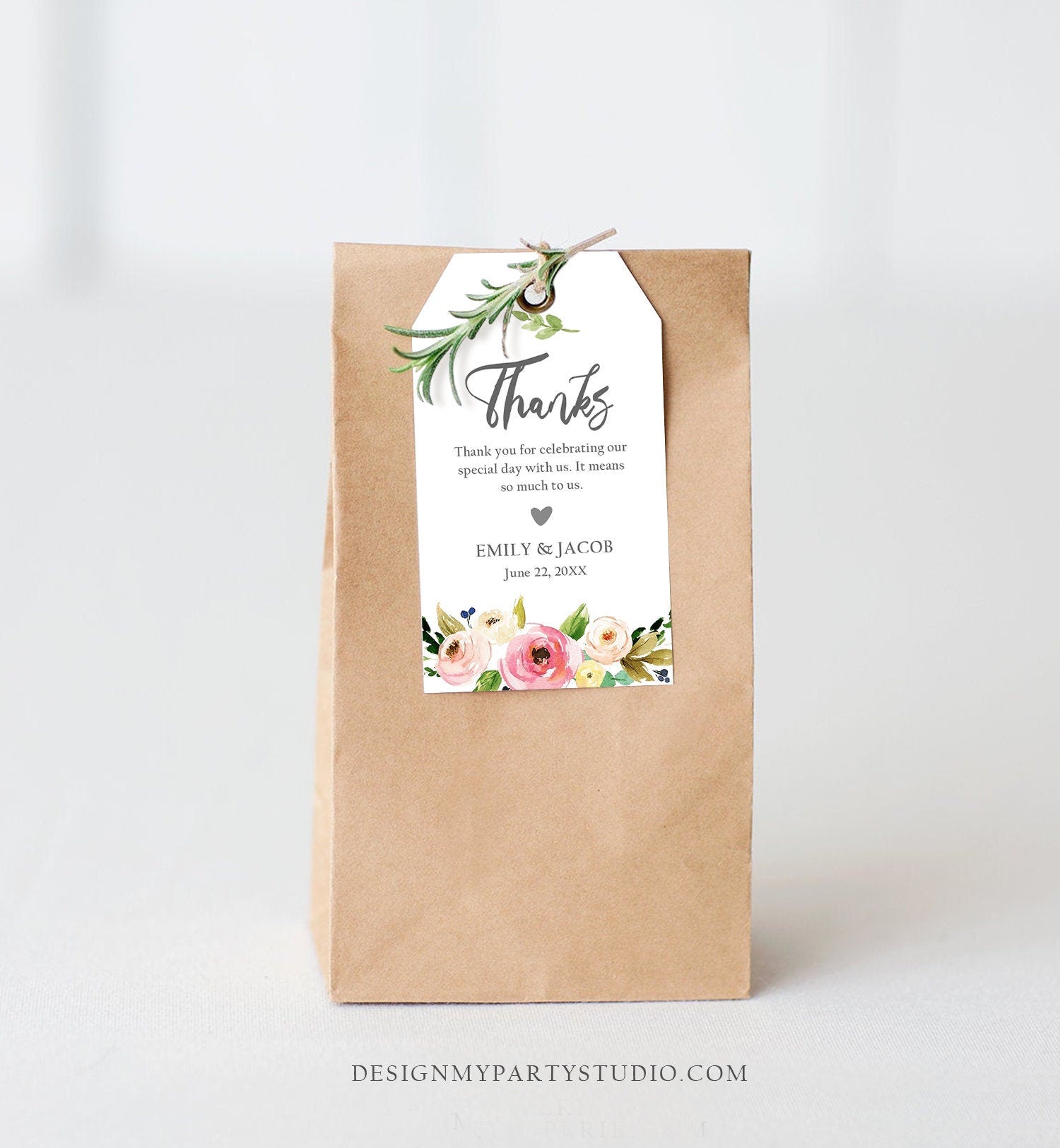 Editable Floral Thank You Tags Wedding Favor Tags Pink Flowers Bridal Shower Foliage Greenery Boho Bohemian Corjl Template Printable 0166