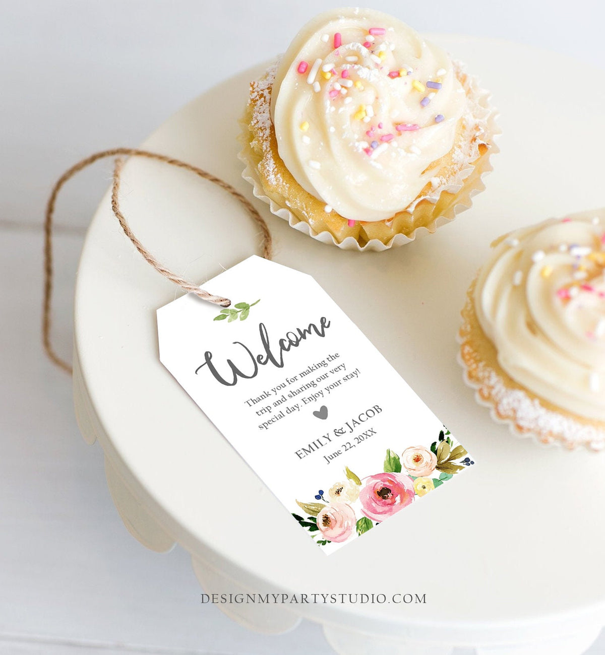 Editable Floral Welcome Favor Tags Wedding Pink Flowers Bridal Shower Foliage Greenery Boho Bohemian Corjl Template Printable 0166