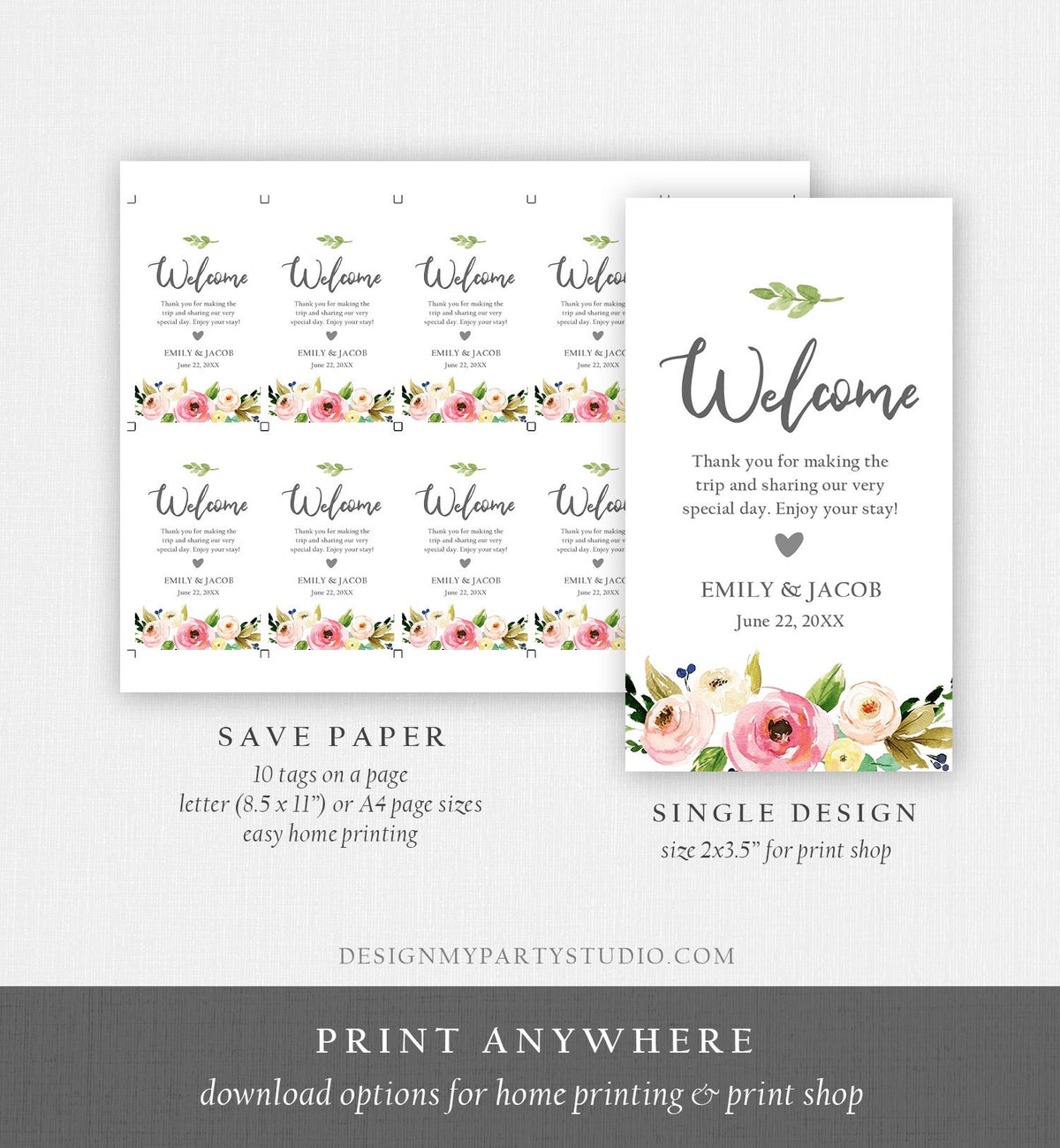 Editable Floral Welcome Favor Tags Wedding Pink Flowers Bridal Shower Foliage Greenery Boho Bohemian Corjl Template Printable 0166