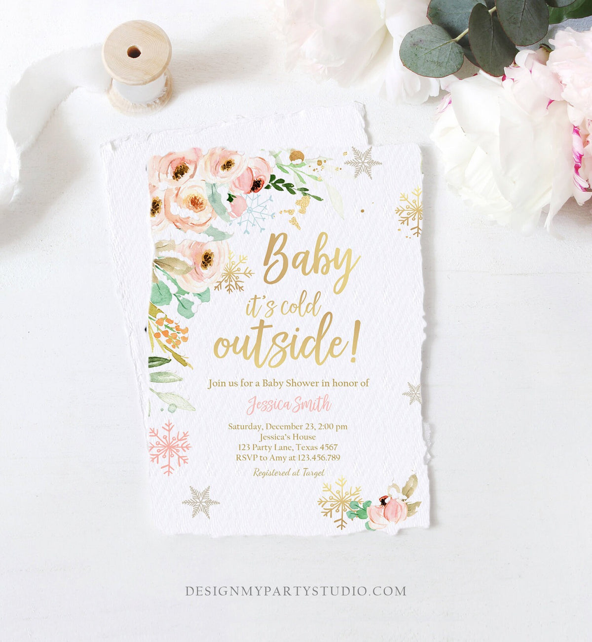 Editable Baby It&#39;s Cold Outside Baby Shower Invitation Pink Floral Gold Girl Winter Snow Flowers Download Corjl Template Printable 0184