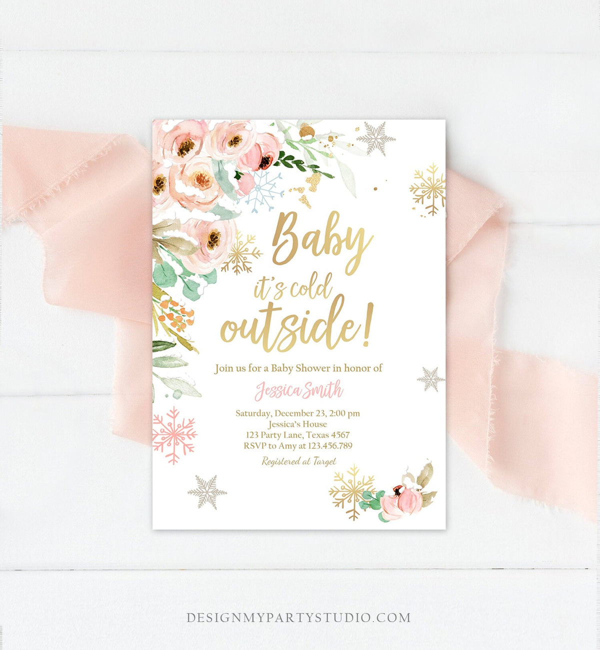 Editable Baby It&#39;s Cold Outside Baby Shower Invitation Pink Floral Gold Girl Winter Snow Flowers Download Corjl Template Printable 0184