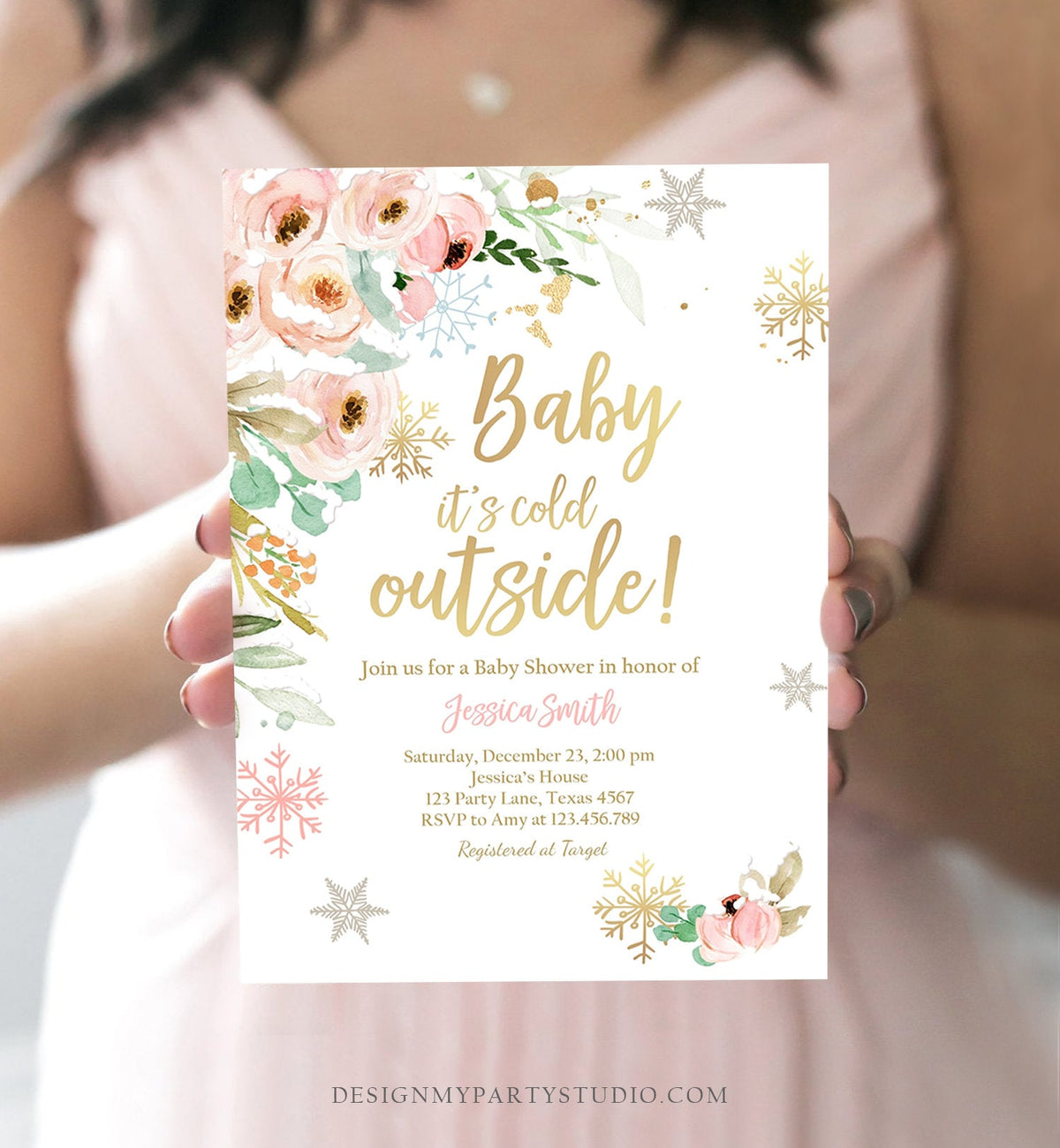 Editable Baby It&#39;s Cold Outside Baby Shower Invitation Pink Floral Gold Girl Winter Snow Flowers Download Corjl Template Printable 0184