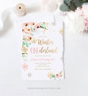 Editable Winter ONEderland Birthday Invitation ANY AGE Floral First Birthday Snowflake Girl Pink Gold Winter Wonderland Corjl Template 0184