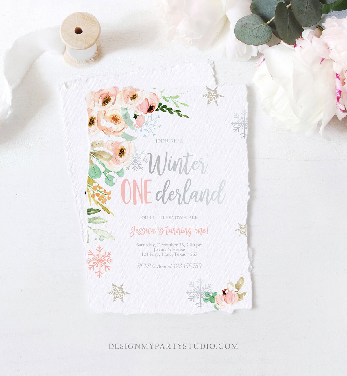 Editable Winter ONEderland Birthday Invitation ANY AGE First Birthday Snowflake Girl Pink Silver Winter Wonderland Corjl Template 0184