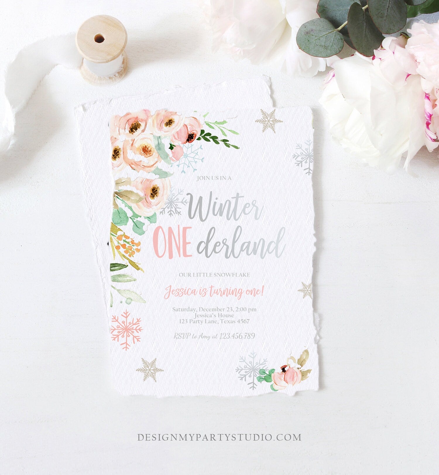 Editable Winter ONEderland Birthday Invitation ANY AGE First Birthday Snowflake Girl Pink Silver Winter Wonderland Corjl Template 0184