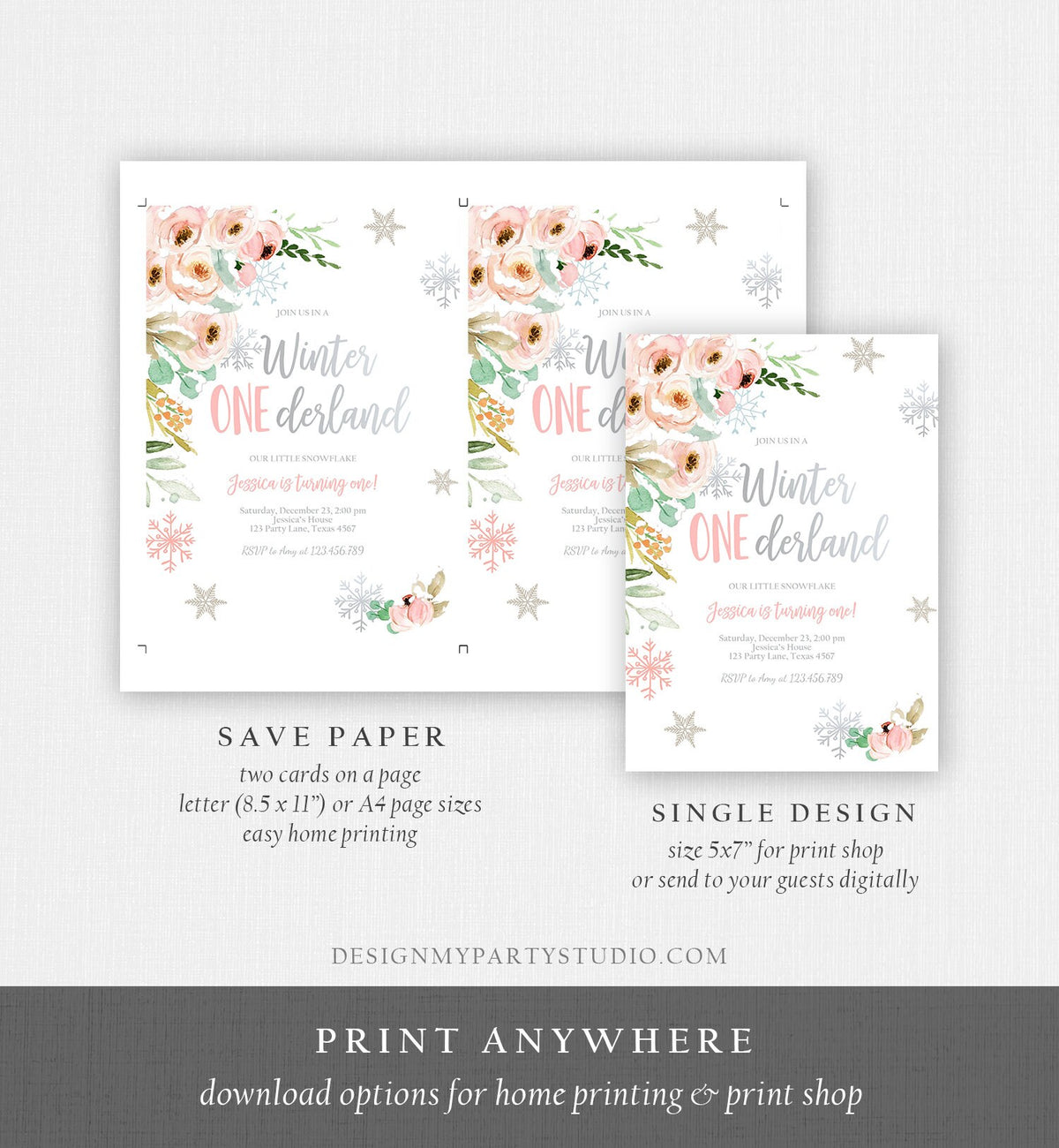 Editable Winter ONEderland Birthday Invitation ANY AGE First Birthday Snowflake Girl Pink Silver Winter Wonderland Corjl Template 0184