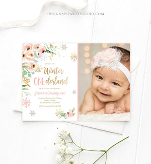 Editable Winter ONEderland Birthday Invitation ANY AGE Floral First Birthday Snowflake Girl Pink Gold Winter Wonderland Corjl Template 0184
