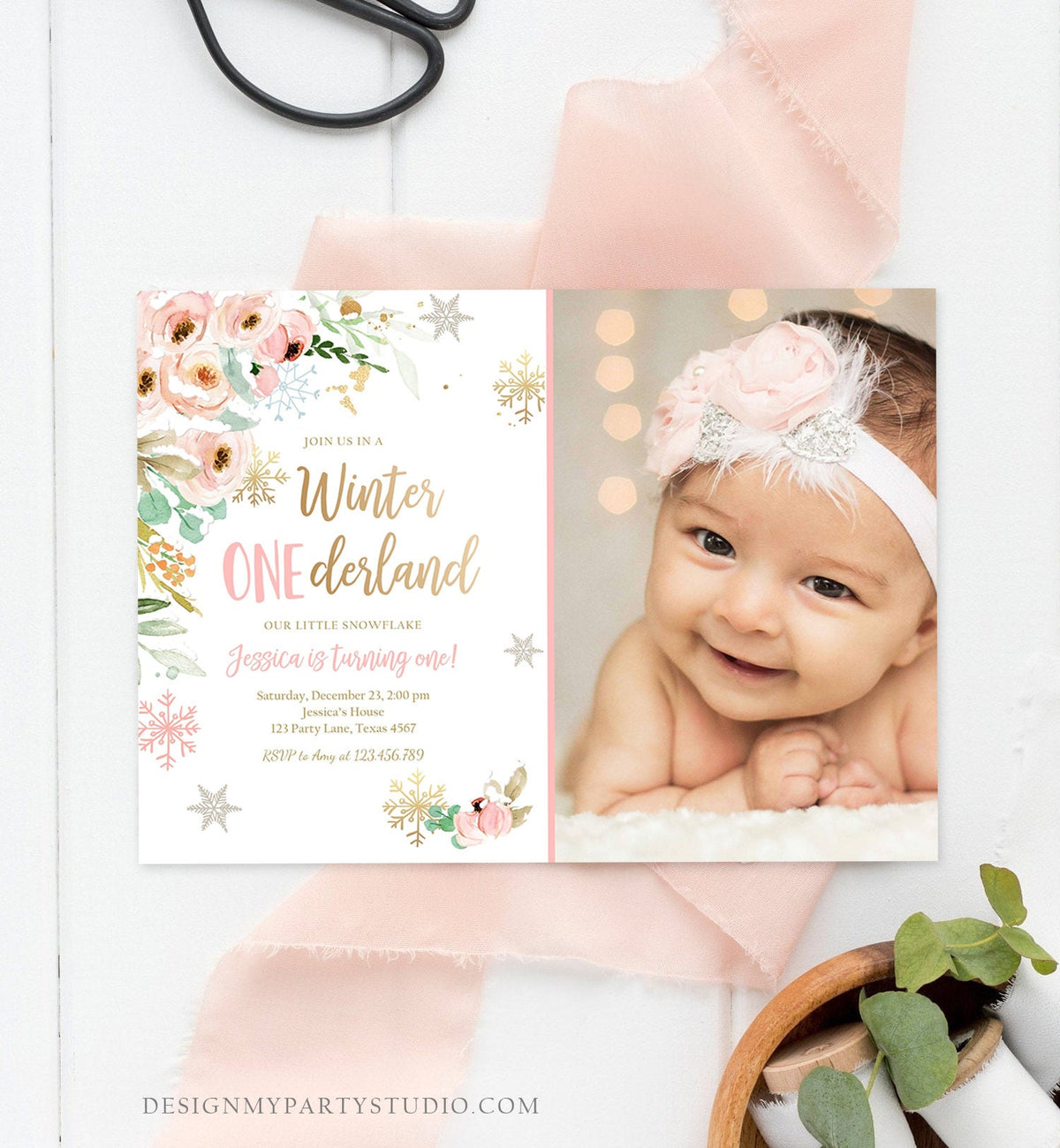 Editable Winter ONEderland Birthday Invitation ANY AGE Floral First Birthday Snowflake Girl Pink Gold Winter Wonderland Corjl Template 0184