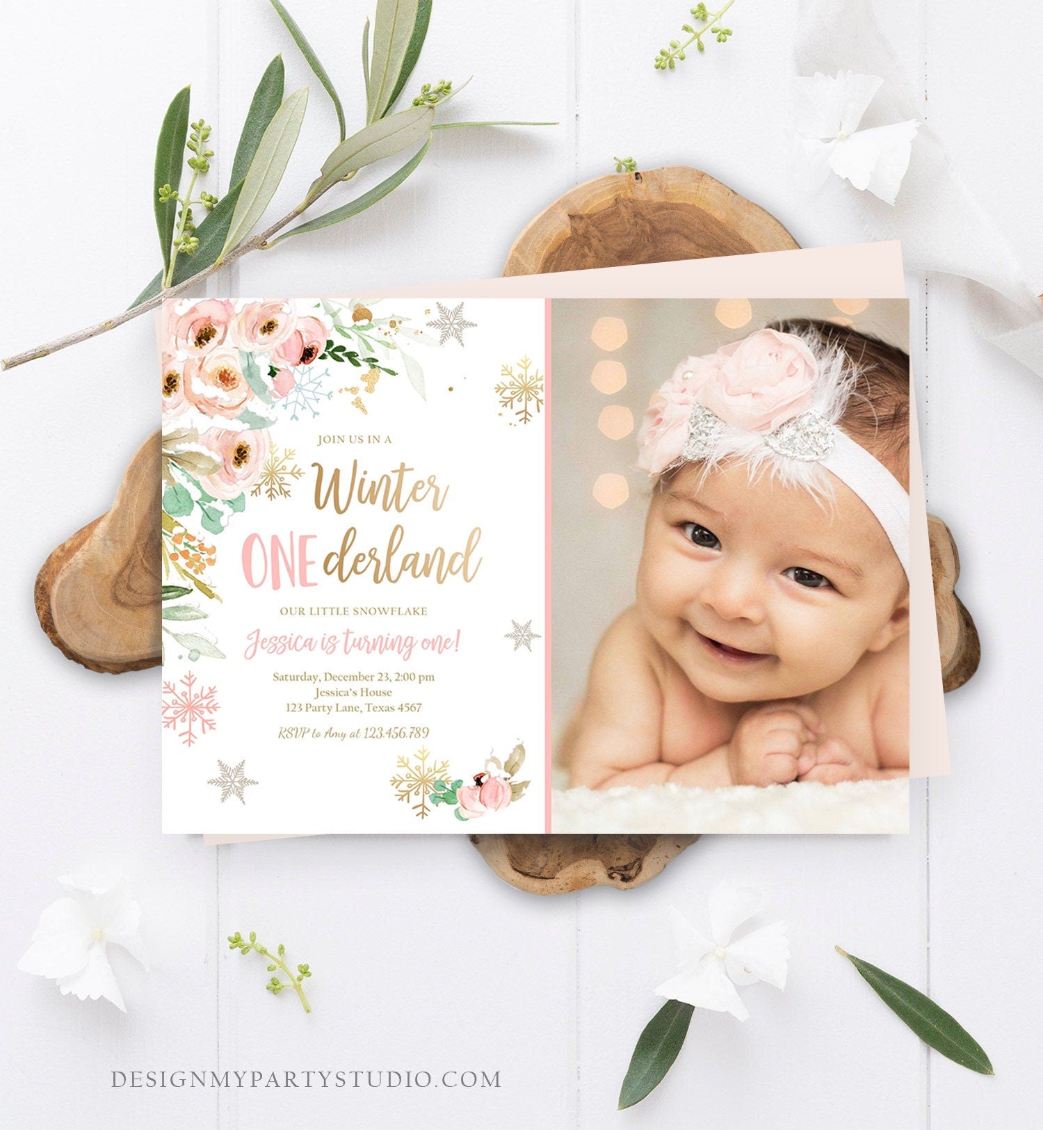 Editable Winter ONEderland Birthday Invitation ANY AGE Floral First Birthday Snowflake Girl Pink Gold Winter Wonderland Corjl Template 0184