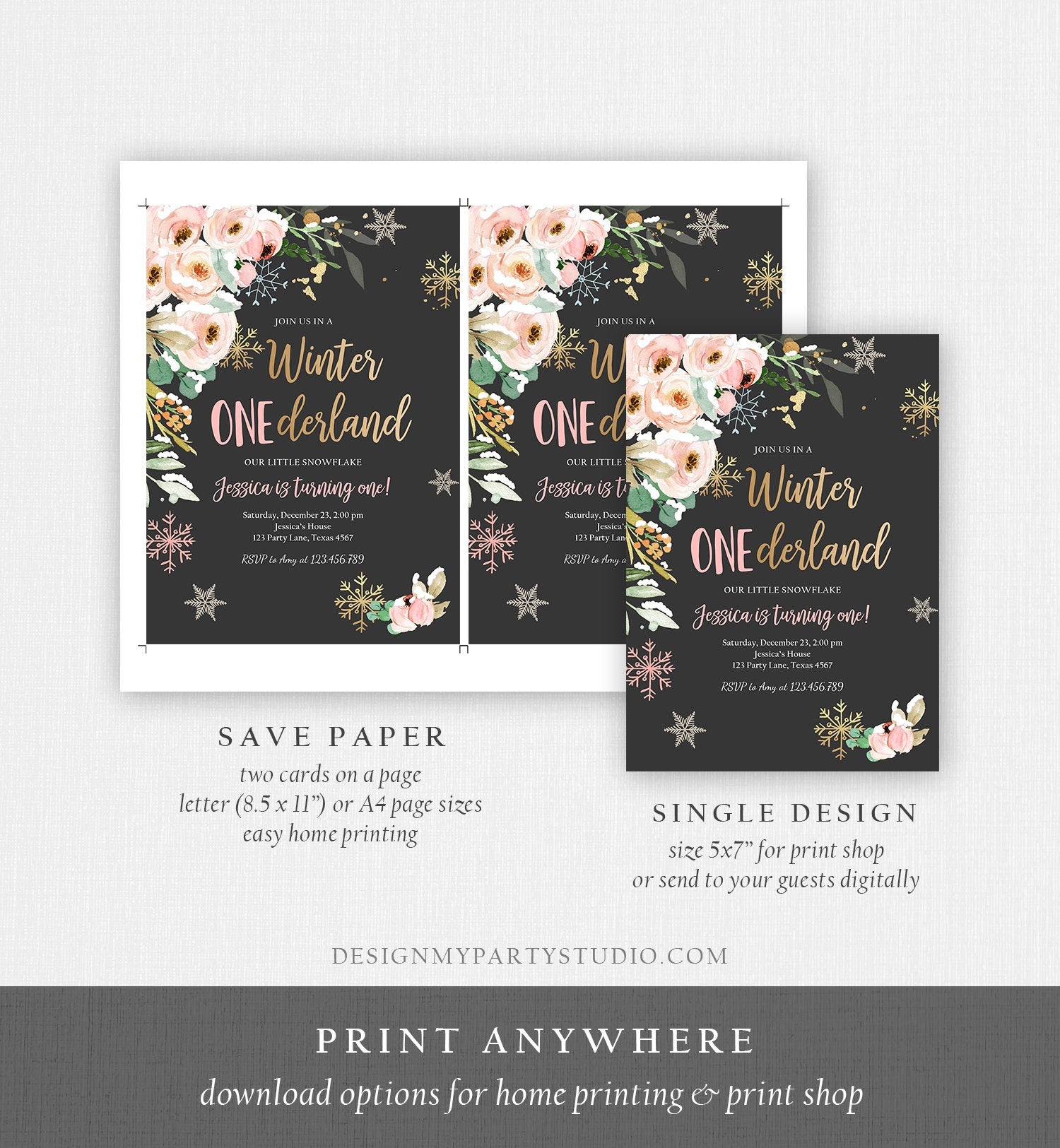 Editable Winter ONEderland Birthday Invitation ANY AGE Floral First Birthday Snowflake Girl Pink Gold Winter Wonderland Corjl Template 0184