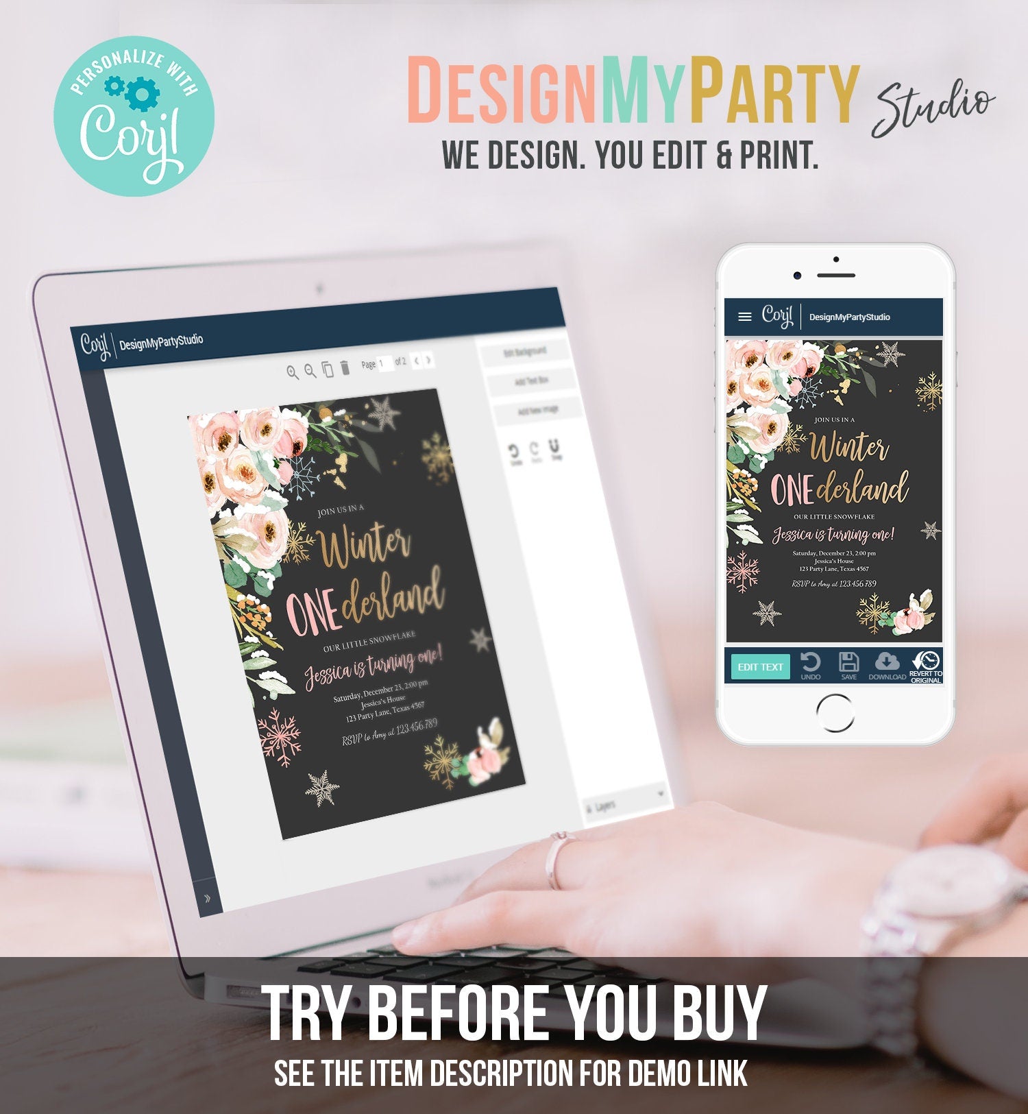 Editable Winter ONEderland Birthday Invitation ANY AGE Floral First Birthday Snowflake Girl Pink Gold Winter Wonderland Corjl Template 0184