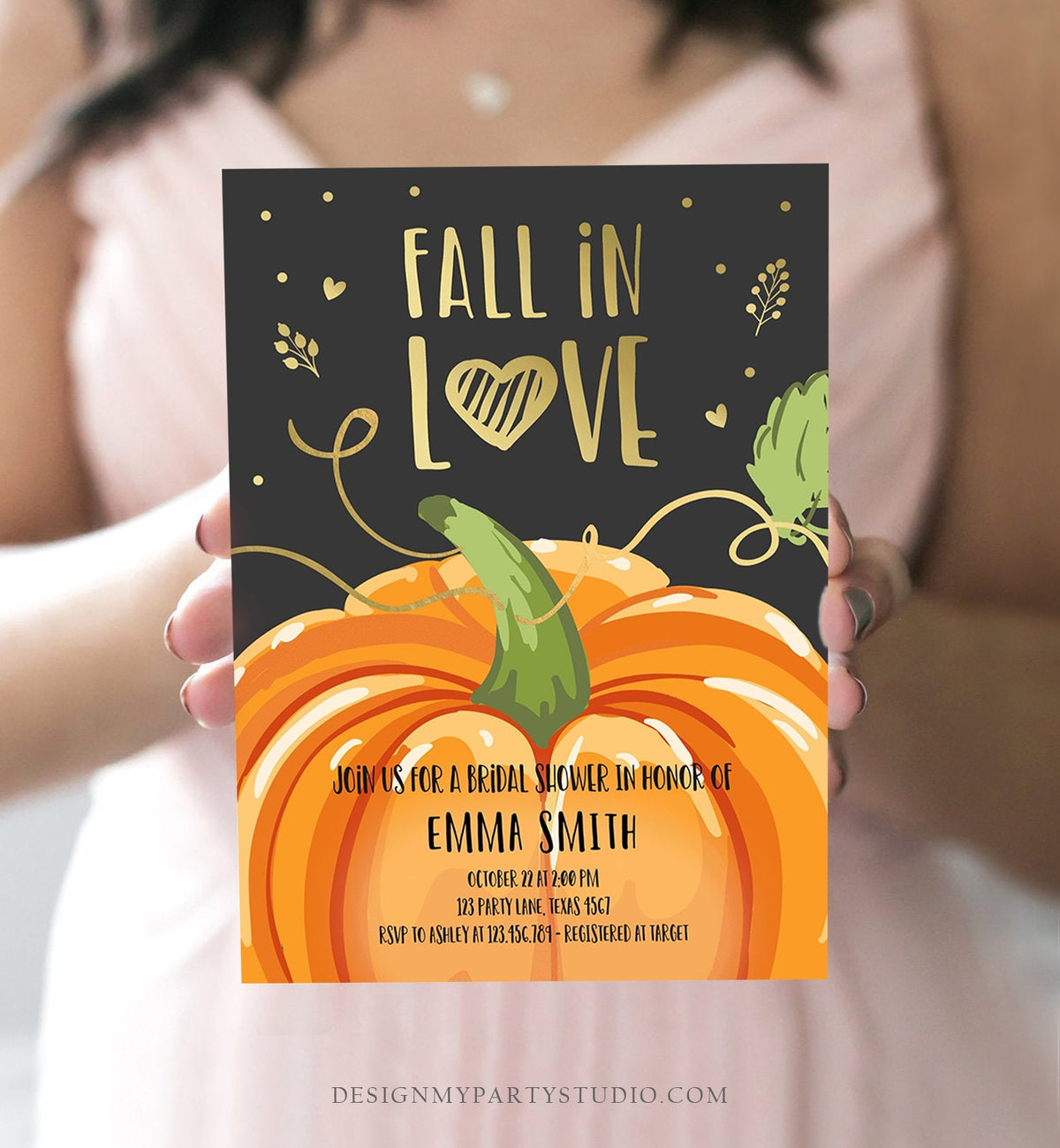 Editable Fall in Love Bridal Shower Invitation Autumn Gold Pumpkin Elegant Fall Baby Shower Instant Download Corjl Template Printable 0175