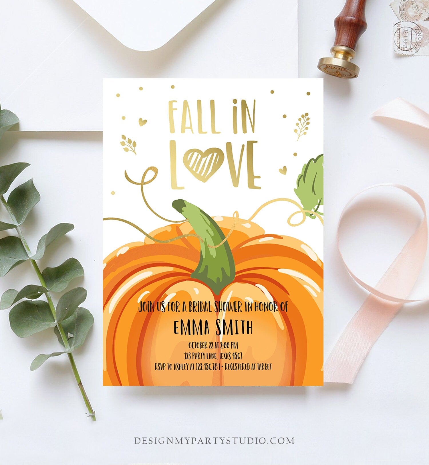 Editable Fall in Love Bridal Shower Invitation Autumn Gold Pumpkin Elegant Fall Baby Shower Instant Download Corjl Template Printable 0175