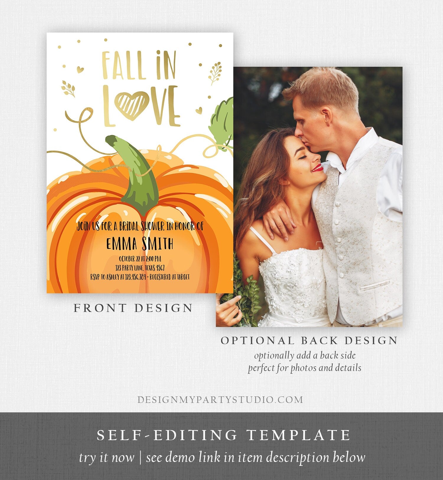 Editable Fall in Love Bridal Shower Invitation Autumn Gold Pumpkin Elegant Fall Baby Shower Instant Download Corjl Template Printable 0175