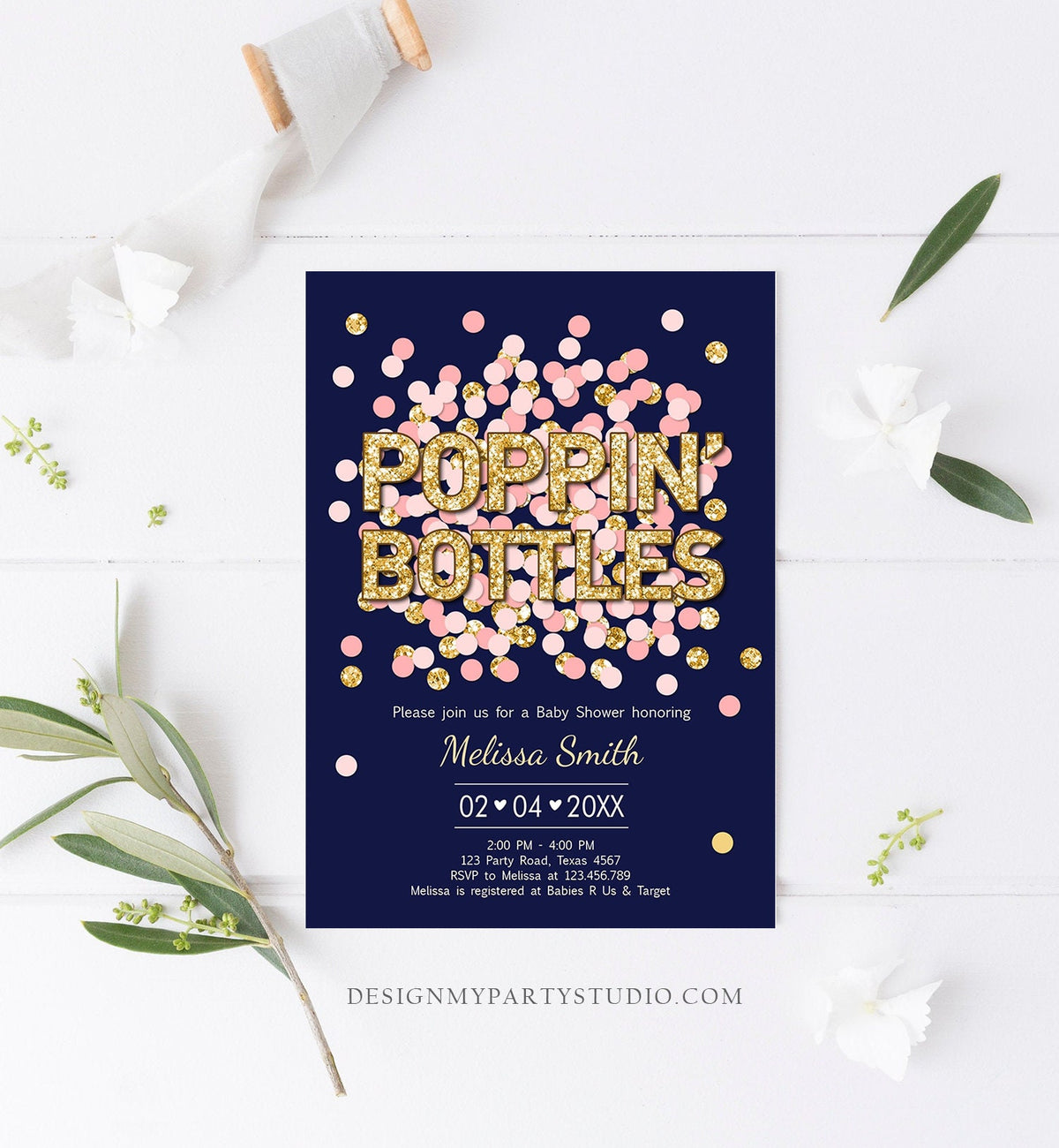 Editable Poppin&#39; Bottles Baby Shower Invitation Navy Blue Confetti Gold Couples Coed Shower Baby is Brewing Corjl Template Printable 0114