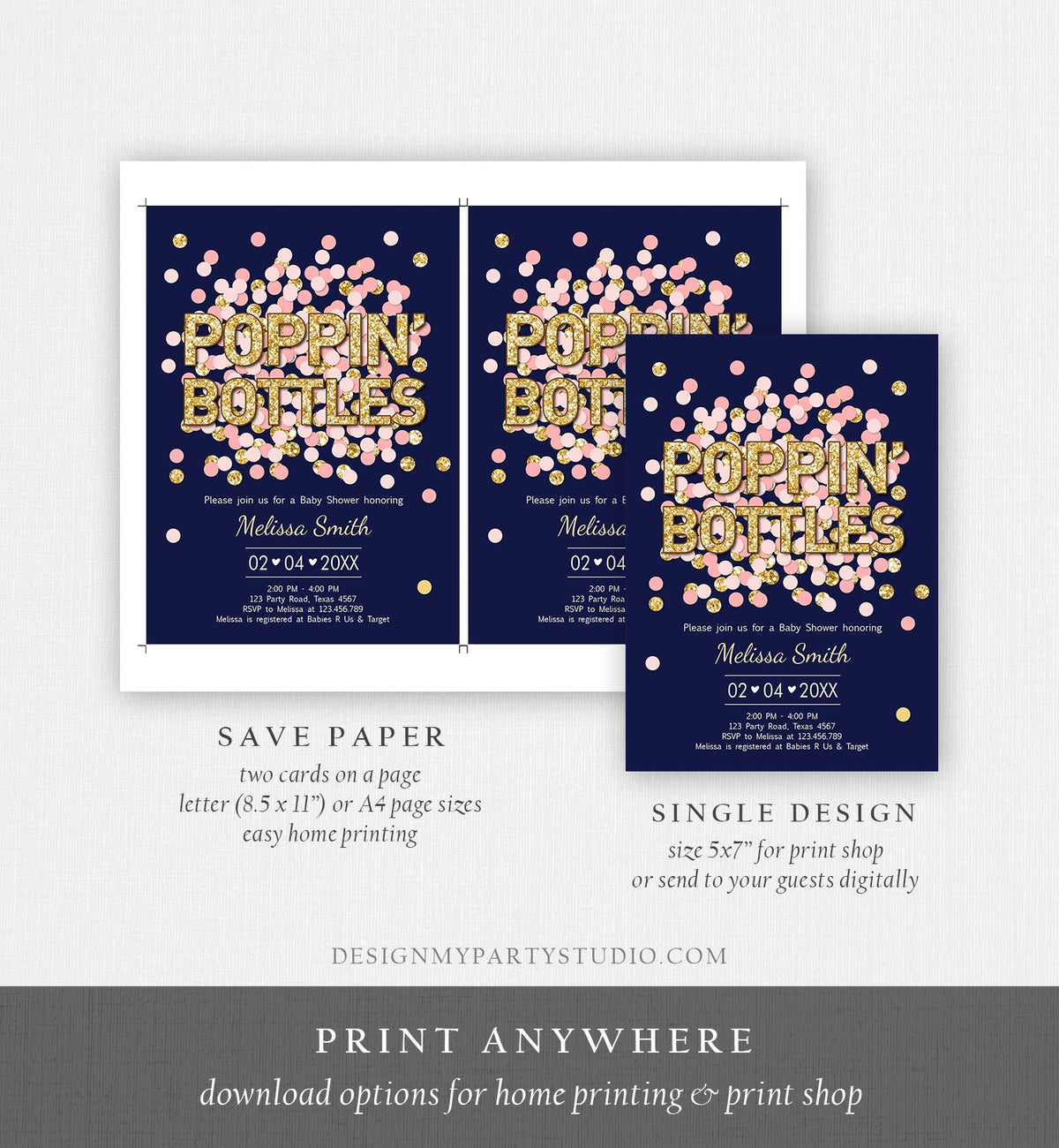 Editable Poppin&#39; Bottles Baby Shower Invitation Navy Blue Confetti Gold Couples Coed Shower Baby is Brewing Corjl Template Printable 0114