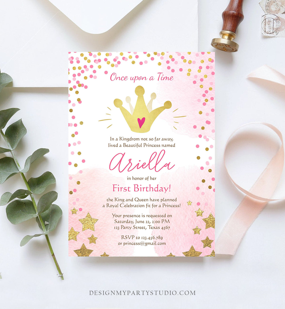 Editable Princesses Birthday Invitation Pink Gold Glitter Confetti Crown Princess First Birthday 1st Download Corjl Template Printable 0232