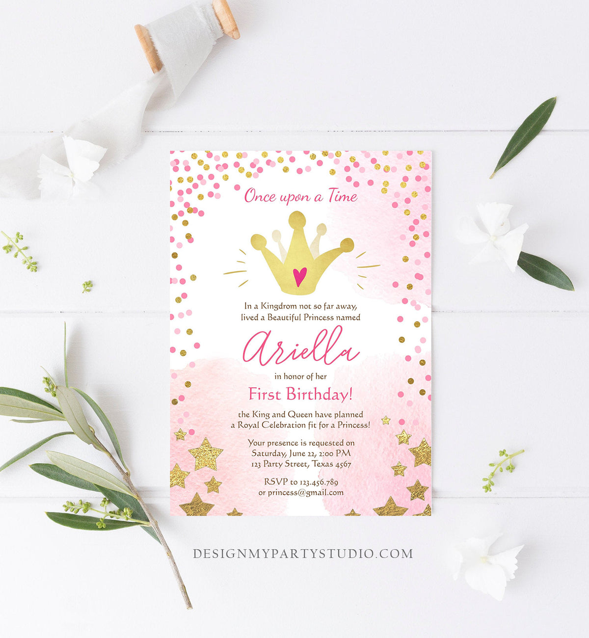 Editable Princesses Birthday Invitation Pink Gold Glitter Confetti Crown Princess First Birthday 1st Download Corjl Template Printable 0232