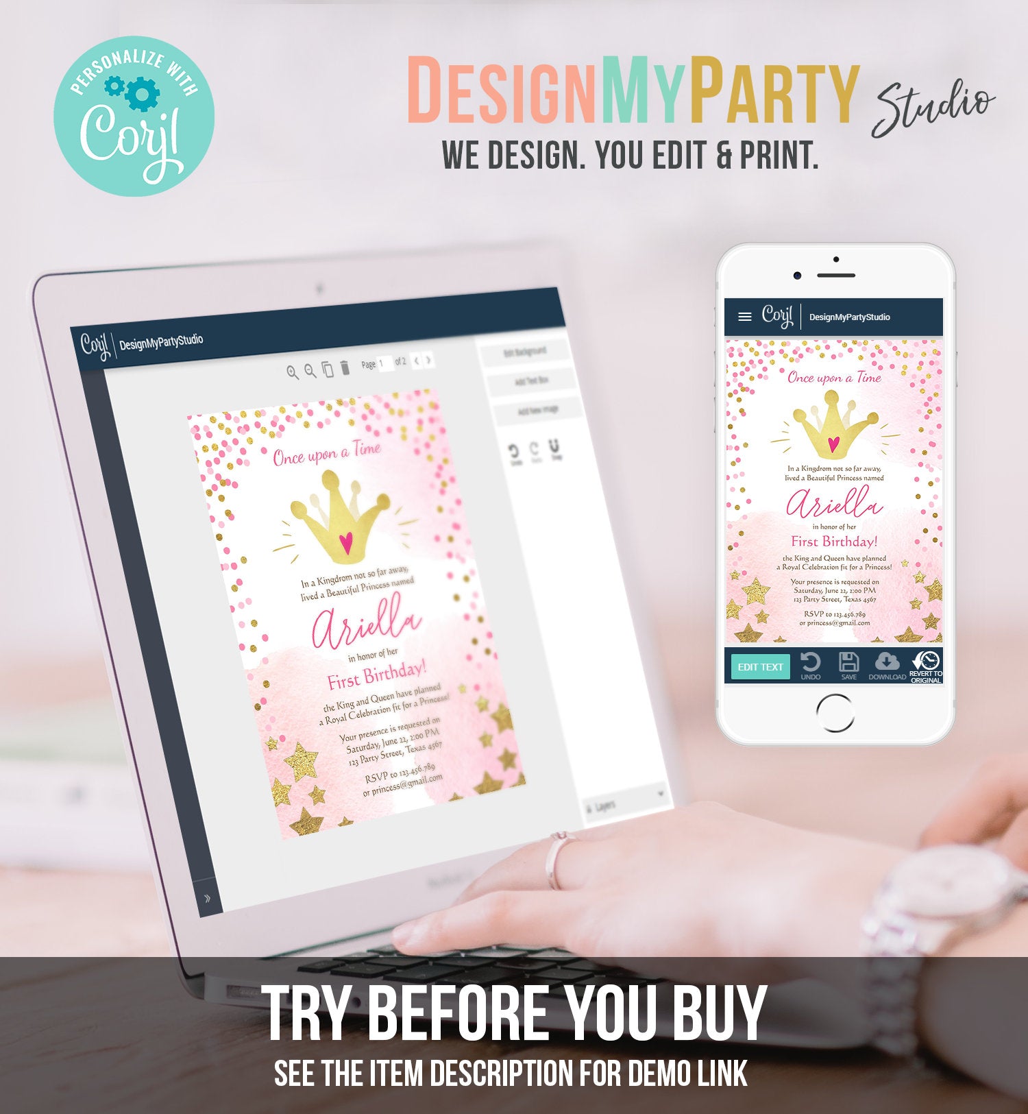 Editable Princesses Birthday Invitation Pink Gold Glitter Confetti Crown Princess First Birthday 1st Download Corjl Template Printable 0232