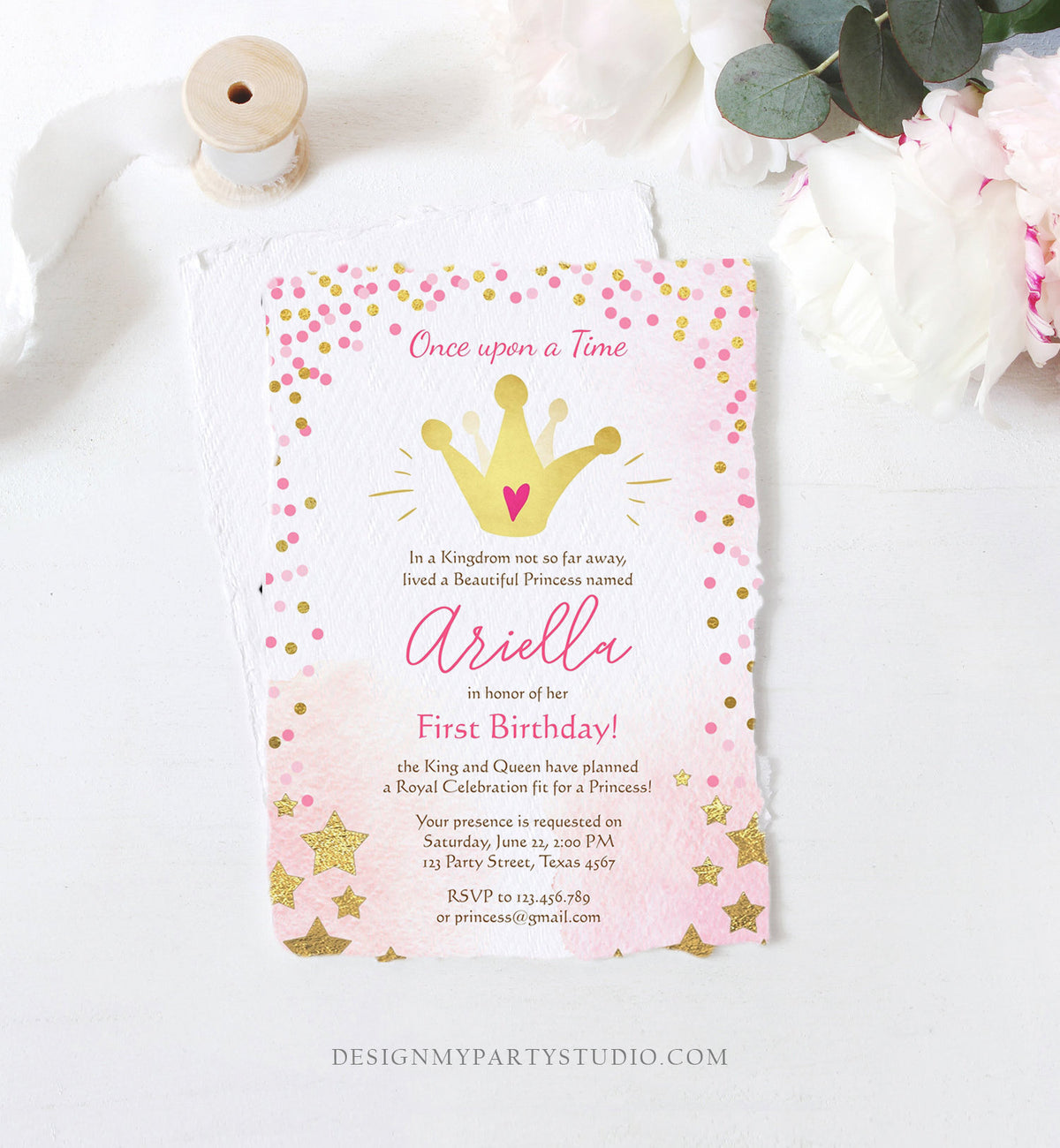 Editable Princesses Birthday Invitation Pink Gold Glitter Confetti Crown Princess First Birthday 1st Download Corjl Template Printable 0232