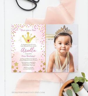 Editable Princesses Birthday Invitation Pink Gold Glitter Confetti Crown Princess First Birthday 1st Download Corjl Template Printable 0232