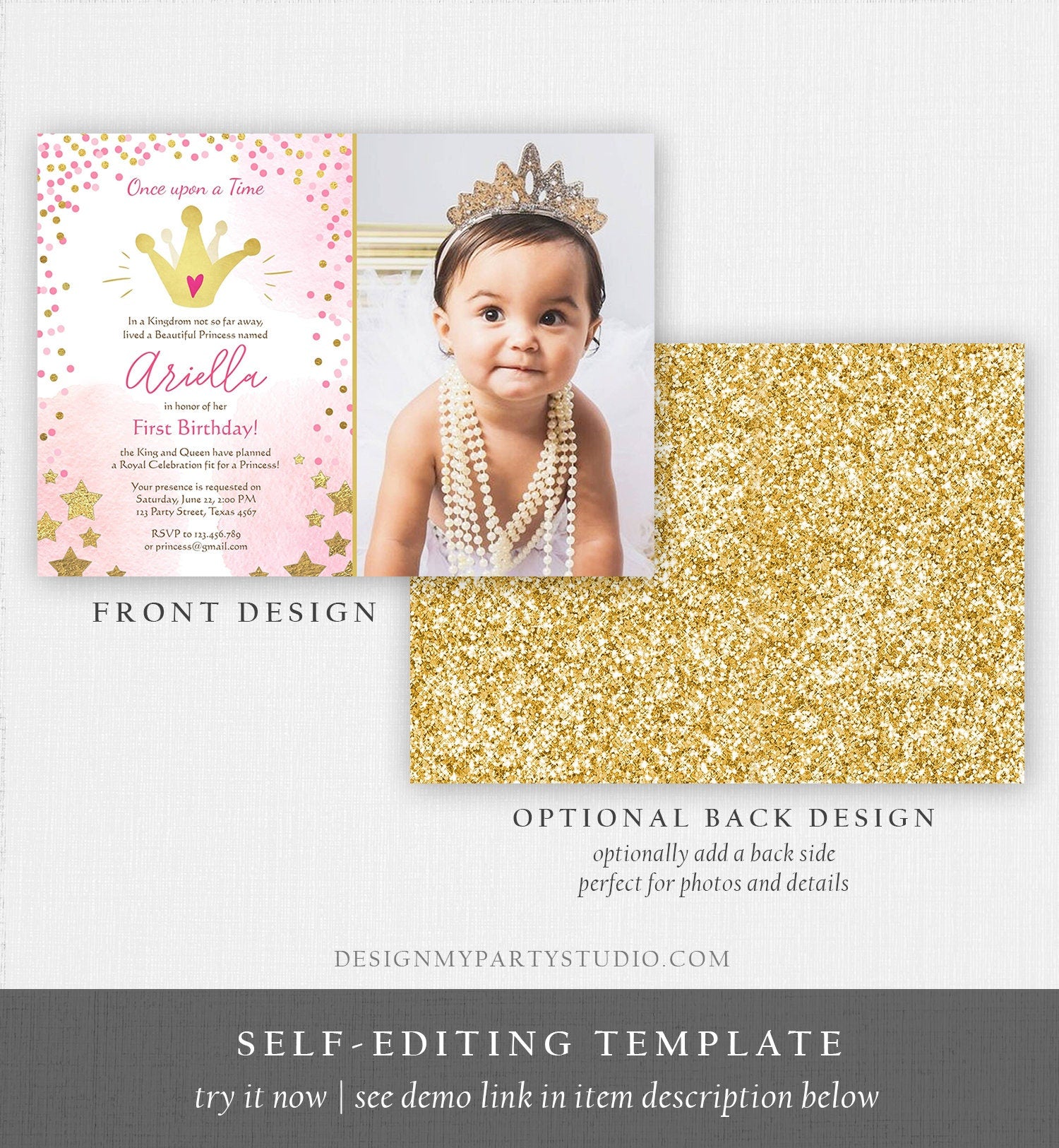 Editable Princesses Birthday Invitation Pink Gold Glitter Confetti Crown Princess First Birthday 1st Download Corjl Template Printable 0232